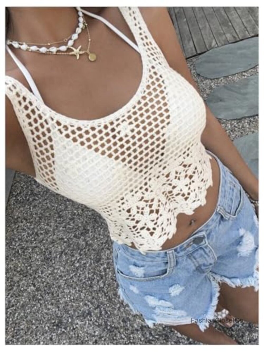 Crochet Tank Top Hollow Out Sleeveless Knit Crop Top Vacation Wear - Picture 4 of 5